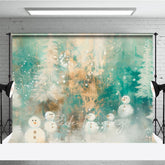Aperturee - Aperturee Abstract Snowman Photography Backdrop Painterly Winter Forest in Teal and Gold Whimsical Christmas Decor